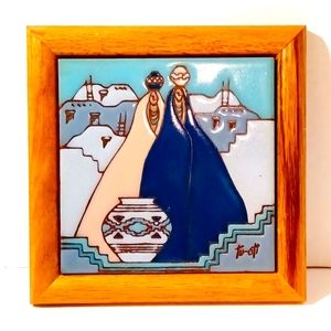*Vtg Framed Tile Wall Art Signed Artist Gail Tu-oti Americana West Galler…